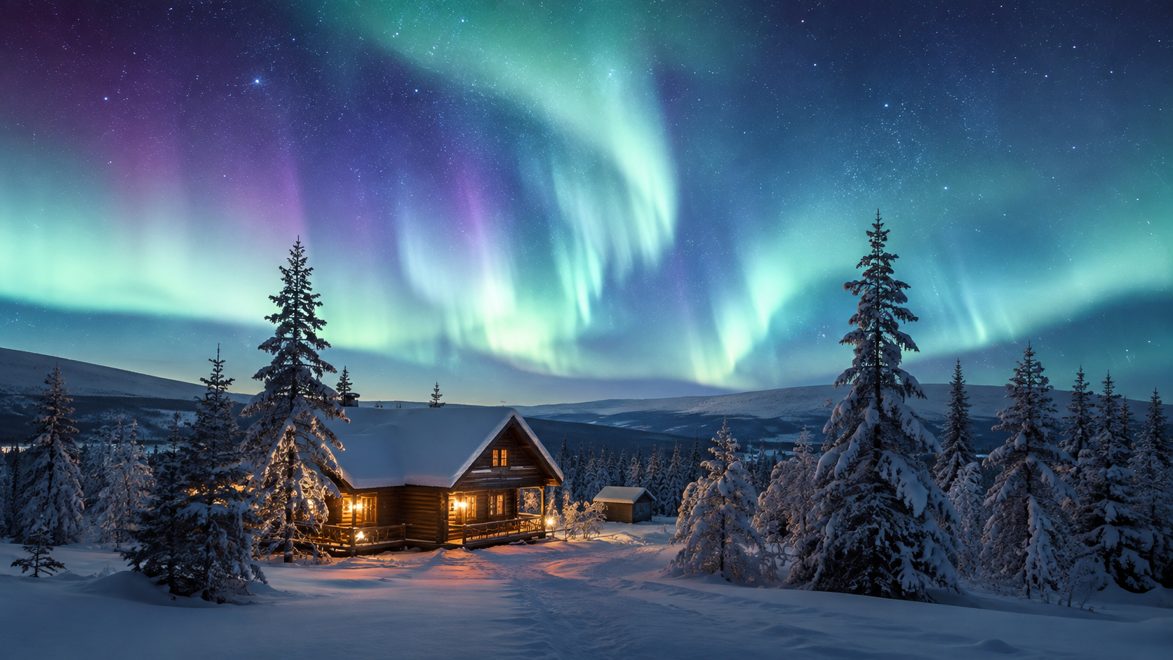 Aurora over a frozen Lapland forest